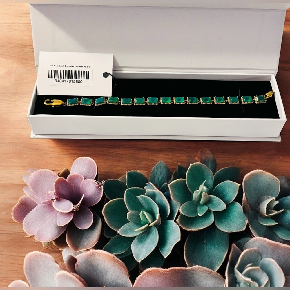 Sassy Jones - Jax & Ju 14k Gold Plated Green Agate Unisex Link Bracelet